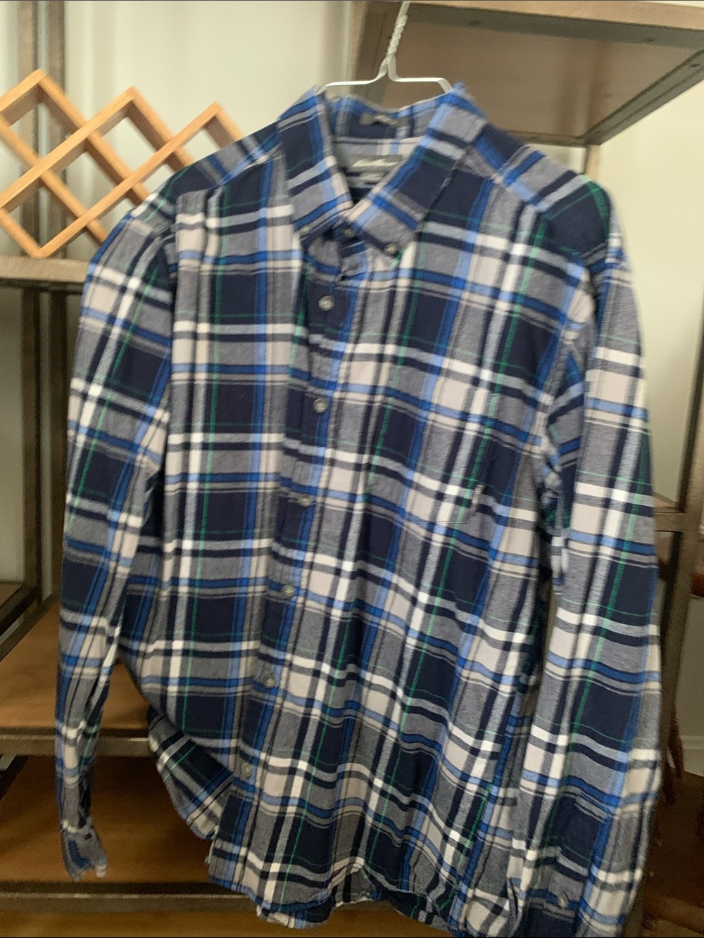 Eddie Bauer Blue, White & Green Plaid Button-Down Shirt